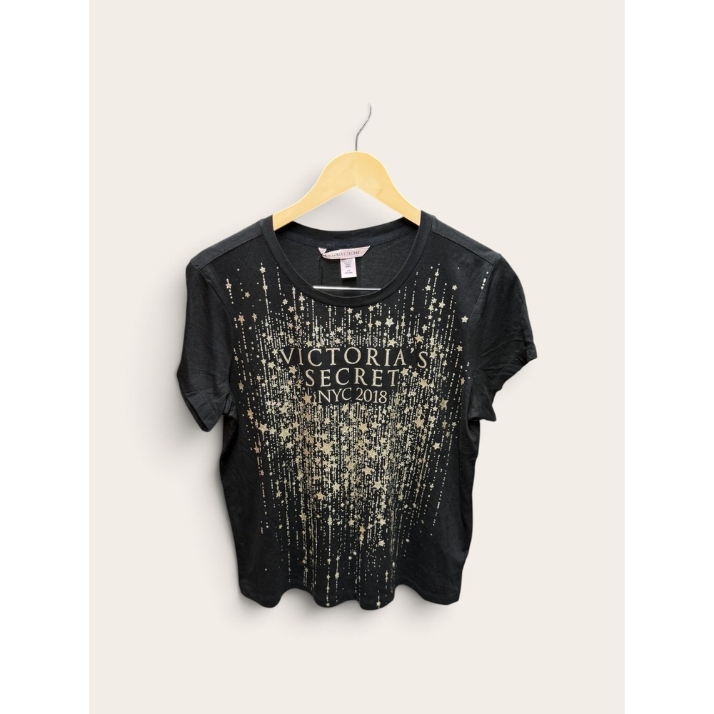 Victorias Secret NYC 2018 Fashion Show Graphic Tee Black Gold Glitter Large NWT